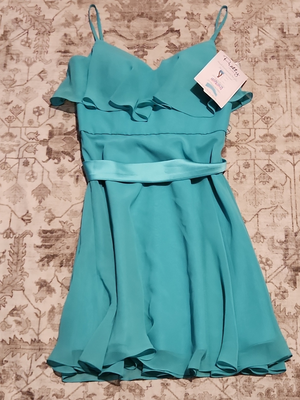 Pretty Maids Teal A-Line Ruffle-Trim Formal Dress